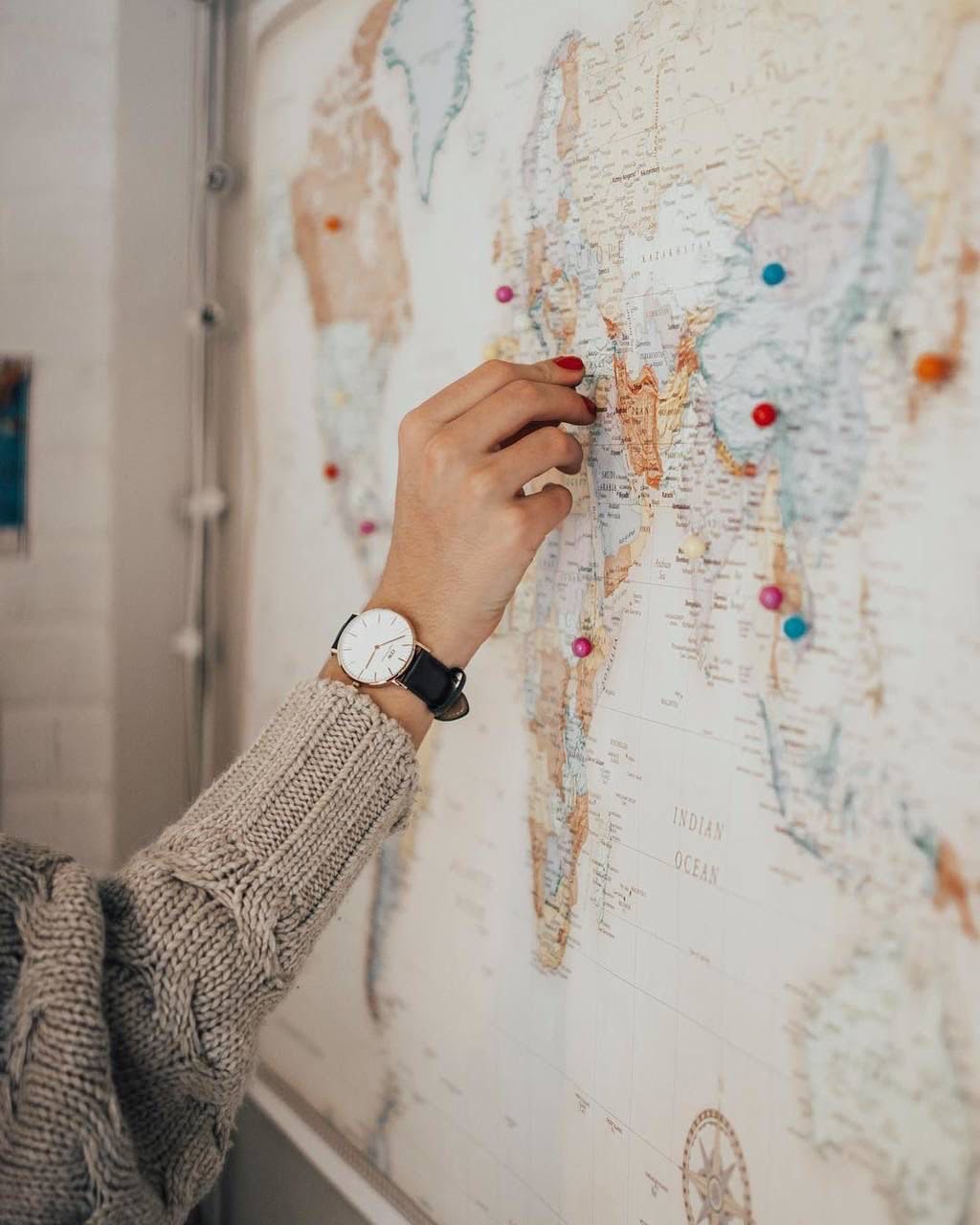 Destinations pinned on a world map